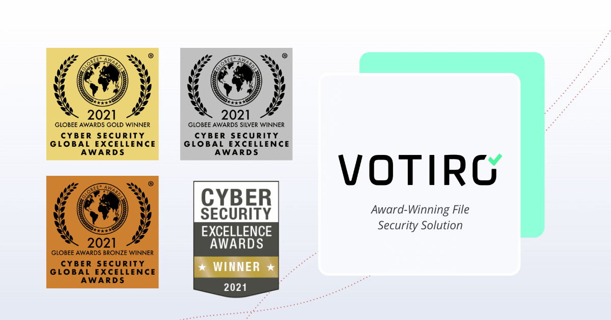 votiro 2021 cyber security award winner badges beside votiro logo - Votiro