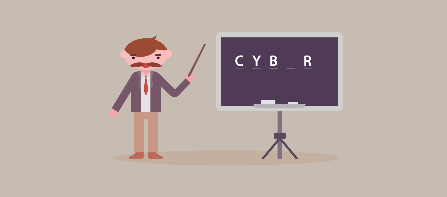 Cartoon of a man next to a chalkboard filling in the letter E in CYBER
