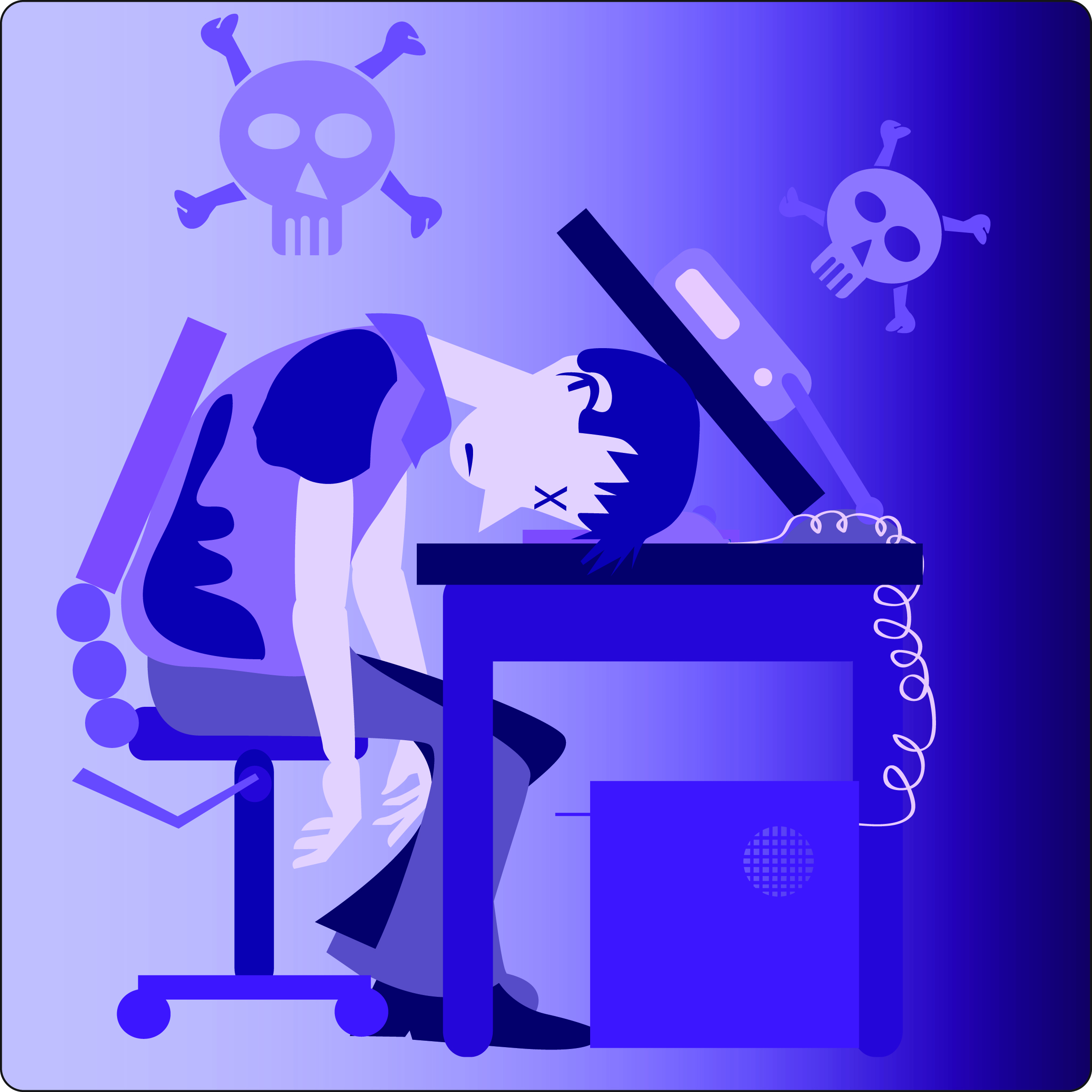 Illustration of a man sleeping on his computer desk with skulls and crossbones around him.