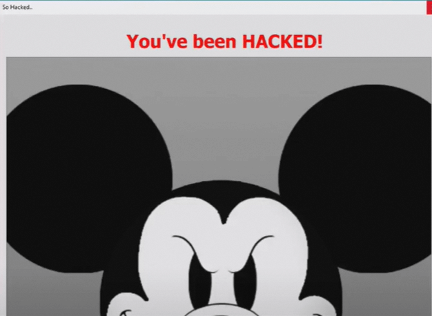 Mickey Mouse from the nose up looking angry with text above him that reads "You've been Hacked!"